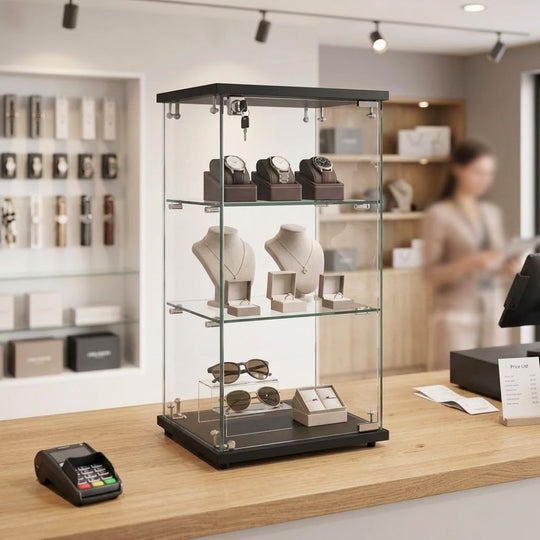 Frameless Black Wood Lockable Glass Display Cabinet with 2 Shelves – Countertop Showcase