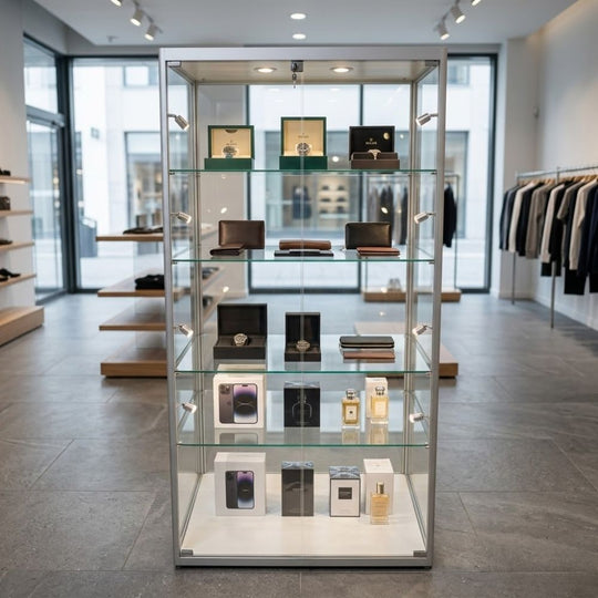 Silver Aluminium Lockable Glass Display Cabinet with 4 Adjustable Shelves & 10 LED Lights 1800mm High x 800mm Wide