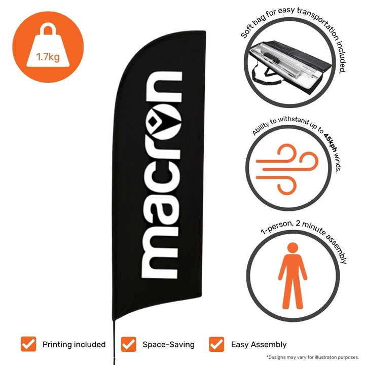 Custom feather flag 3.2m – printed single-sided banner with spike base for promotional use at outdoor venues