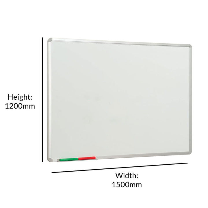 Durable anti-scratch VES steel whiteboard with magnetic functionality and a built-in pen ledge, sized at 1500 x 1200mm, ideal for offices and classrooms.








