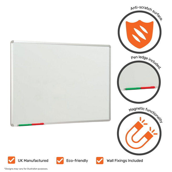 Magnetic anti-scratch VES steel whiteboard with a pen ledge, designed for a smooth and durable dry-wipe writing surface.