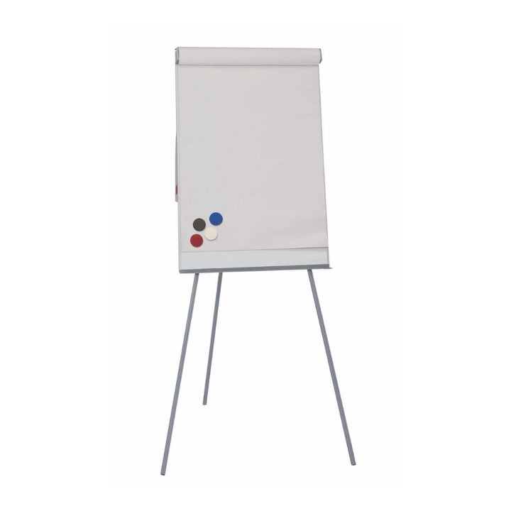 Flipchart easel with magnets on surface, designed for A1 pads, shown with coloured circular magnets