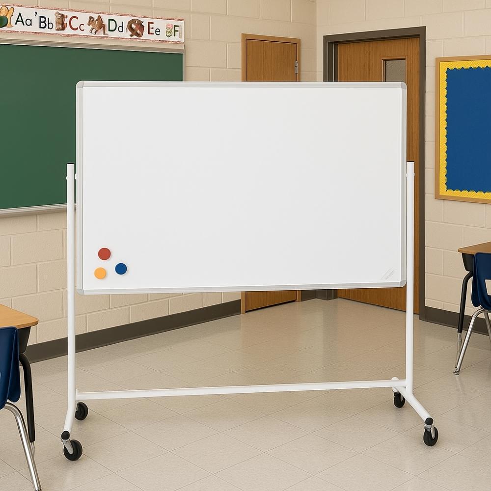 Magnetic mobile whiteboard with castor wheels and coloured magnets in a primary school classroom with tiled flooring and wall displays