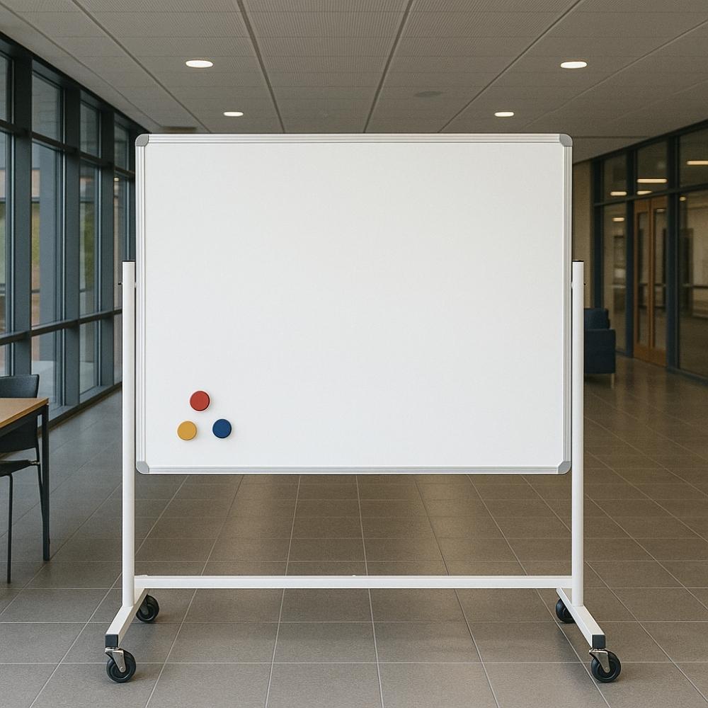 Magnetic mobile whiteboard on lockable wheels positioned in a school corridor with large windows and tiled floor