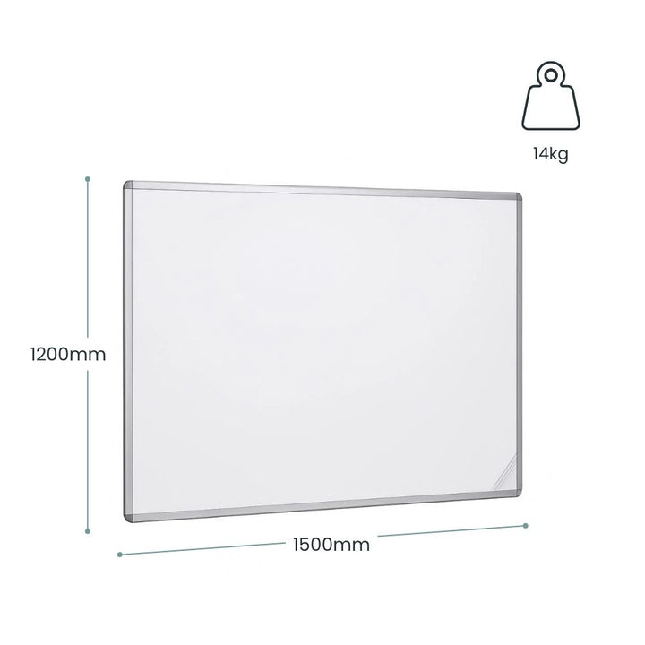 Magnetic whiteboard measuring 1200mm by 1500mm, wall-mounted with aluminium frame, ideal for offices, classrooms, and meeting rooms.