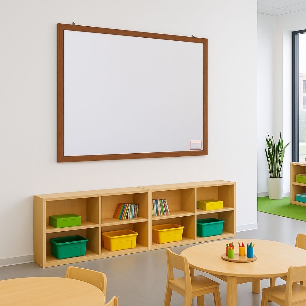 Magnetic whiteboard measuring 1500mm x 1200mm displayed in a professional boardroom setting with a wooden table and black chairs.

