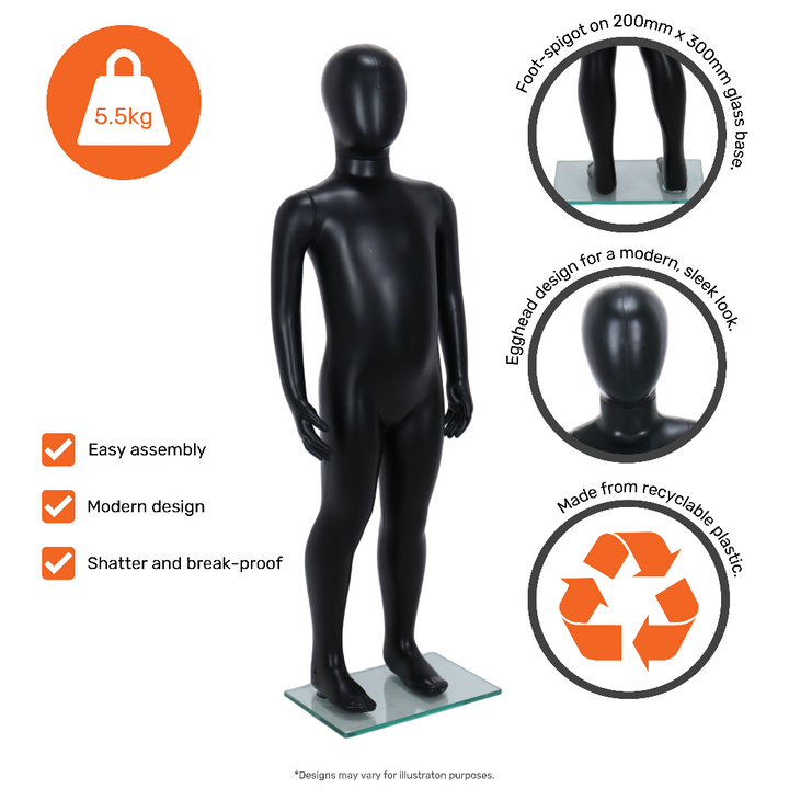 Front view of a matt black unisex child egghead mannequin for ages 3 to 4 on a rectangular foot-spigot base for shop floor and window childrenswear displays.
