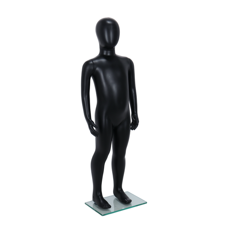 Three-quarter view of a matt black child egghead mannequin sized for ages 3 to 4 on a 200 x 300mm foot-spigot base, for toddler childrenswear retail displays.
