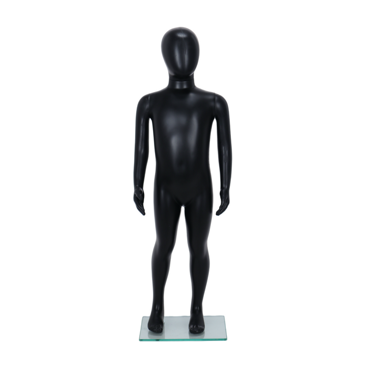 Rear view of a matt black child egghead mannequin for ages 3 to 4 on a rectangular foot-spigot base, smooth recyclable finish for childrenswear retail displays.
