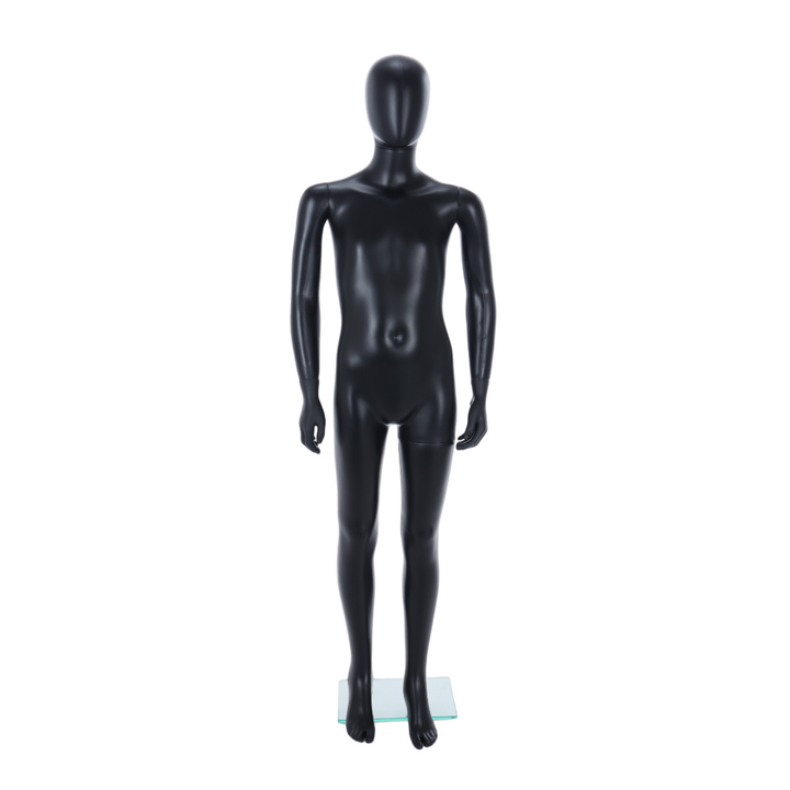 Front view of a matt black unisex child egghead mannequin on a glass base, sized for 10-11 years clothing, for children's retail floor and window displays.
