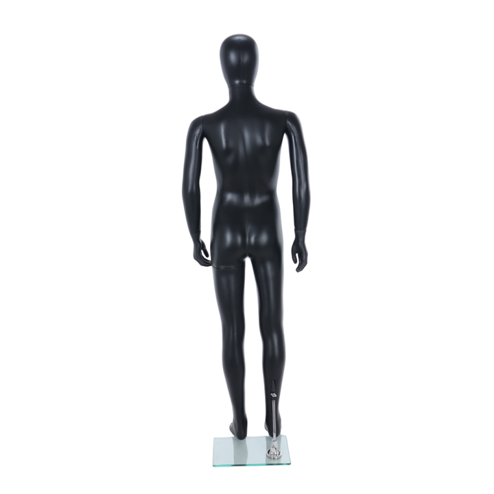 Rear view of a matt black egghead child mannequin on a glass base, showing the smooth recyclable finish suited to children's retail floor and window displays.
