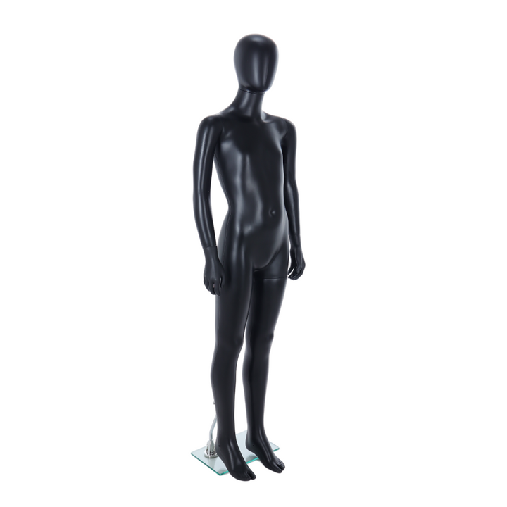Three-quarter view of a matt black child egghead mannequin for ages 10-11, on a 200 x 300mm glass base, for childrenswear retail and shop window displays.
