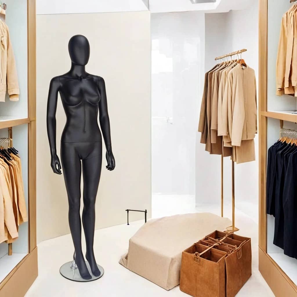 A modern and minimalist fashion boutique featuring a sleek black female mannequin on a round glass base. The store has a neutral colour palette with beige and navy clothing neatly displayed on wooden racks. A gold clothing stand holds a selection of elegant beige blazers, complementing the boutique’s sophisticated aesthetic. In the foreground, a soft fabric-covered display platform and a stylish brown storage bag add to the boutique's refined and organised ambiance.