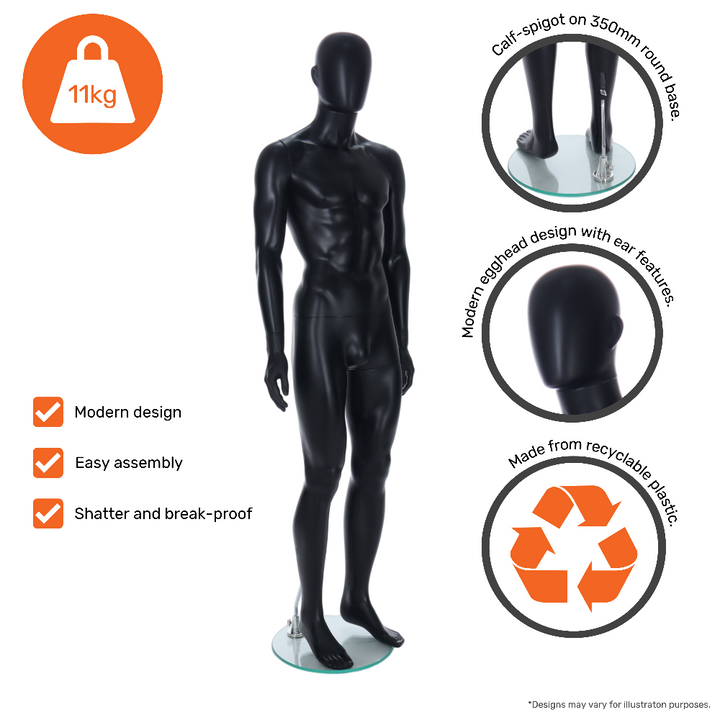 Matt black egghead female mannequin with ears, standing pose, ideal for displaying fashion and accessories.
