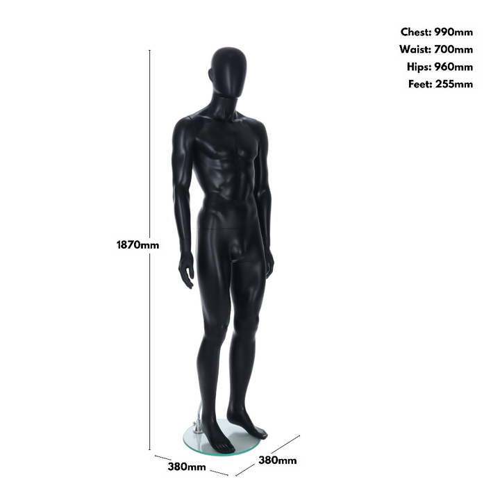 Sleek matt black standing female mannequin with an egghead design and ears, perfect for retail and exhibitions.
