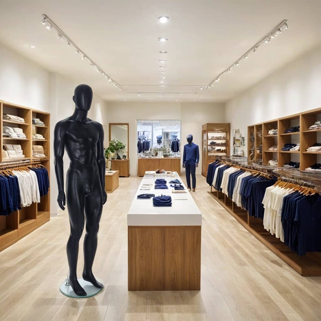  A modern and minimalist men's clothing store featuring a spacious layout with warm wooden shelving, neatly arranged garments in shades of navy, cream, and beige, and a well-lit atmosphere. A sleek black mannequin stands prominently on a round glass base near the entrance, while another mannequin in the background showcases a stylish outfit. The store's central display table is neatly arranged with folded clothing, and large mirrors at the back enhance the sense of space. 