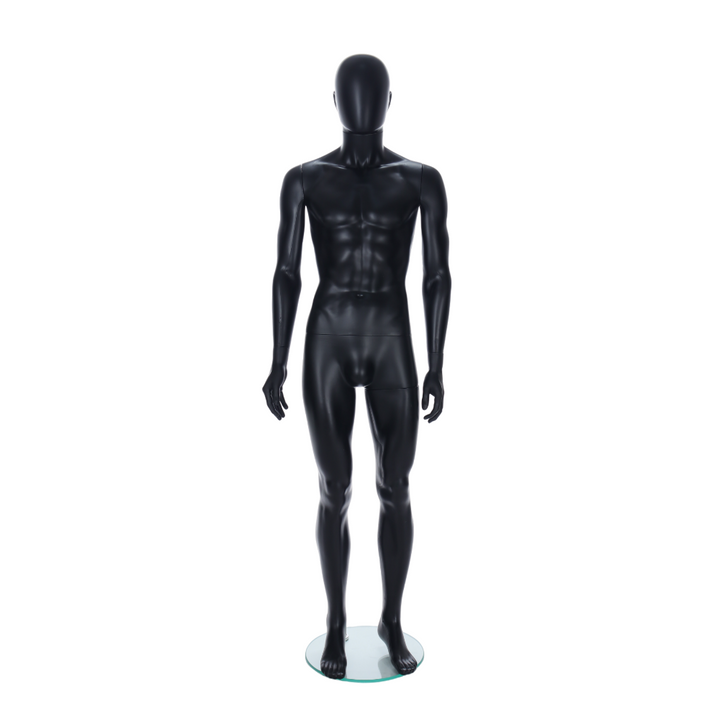 Contemporary egghead female mannequin with ears, standing pose in matt black finish, ideal for visual merchandising.
