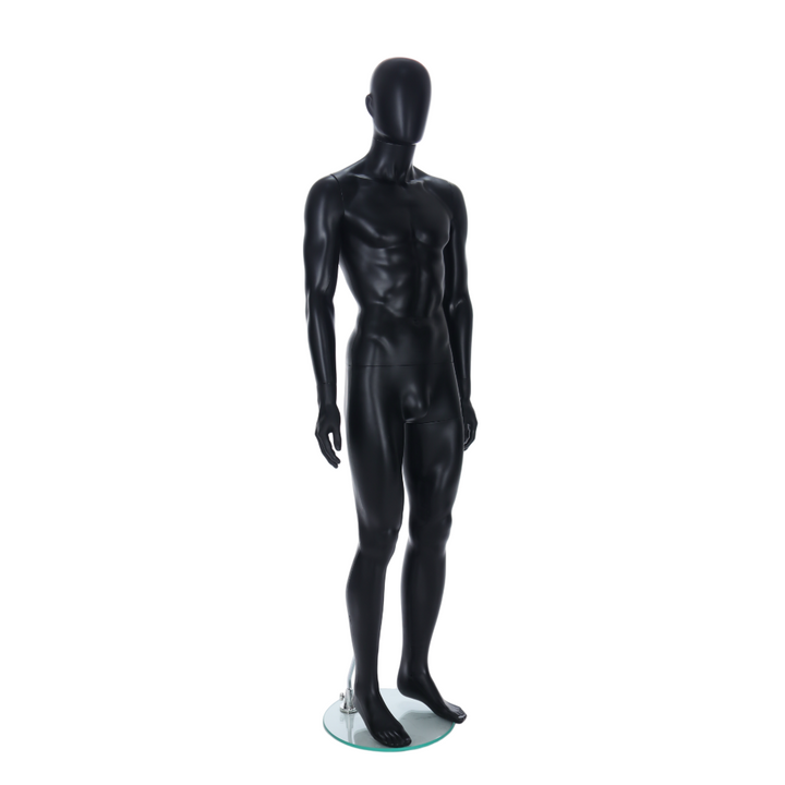 Full-body standing female mannequin in matt black with an egghead design and sculpted ears, great for shop displays.

