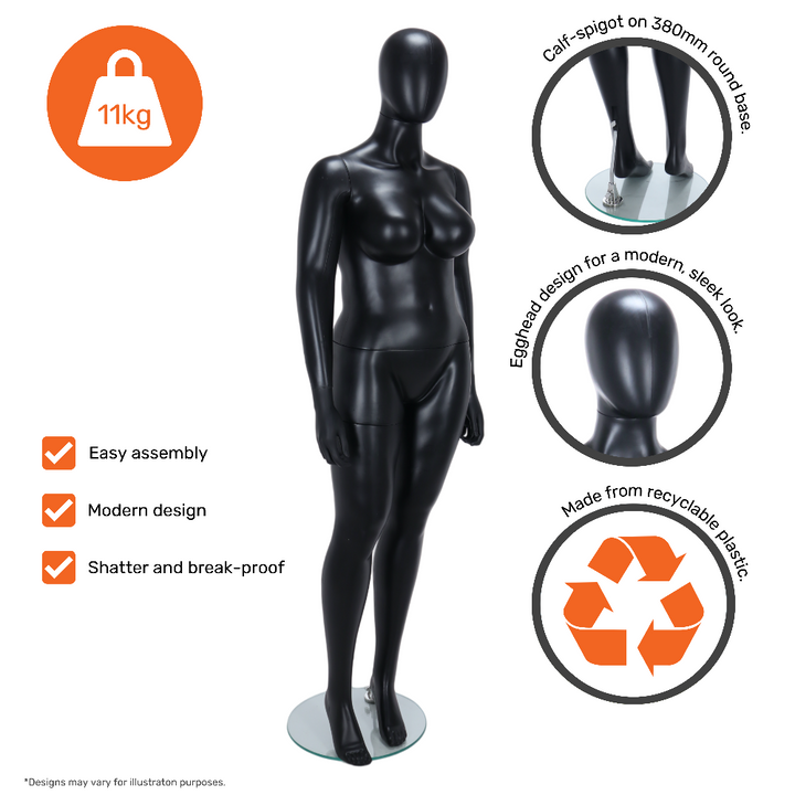 A stylish and contemporary plus-sized female mannequin in a matt black finish, designed in an egghead style with a standing pose for an elegant and realistic display.

