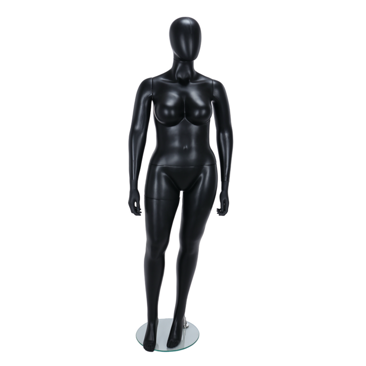 This plus-sized female mannequin features a modern egghead style with a matt black finish, standing in a poised position, perfect for showcasing clothing collections.
