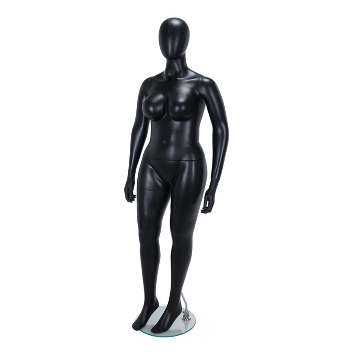 A sleek matt black plus-sized female mannequin in an egghead design, posed in a natural standing position, ideal for displaying fashion in retail stores and exhibitions.
