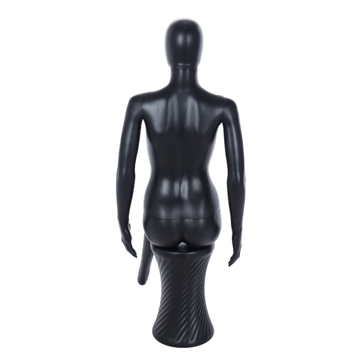 Full-body seated female mannequin in matt black with a featureless egghead and matching stool, ideal for retail setups.
