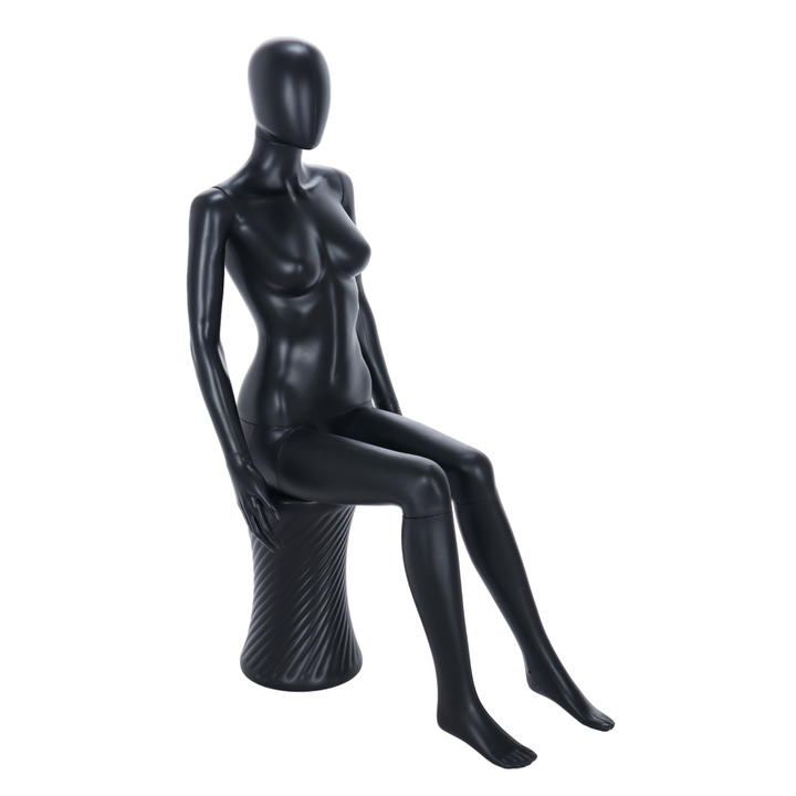 Matt black egghead seated female mannequin with stool, perfect for stylish retail and fashion displays.
