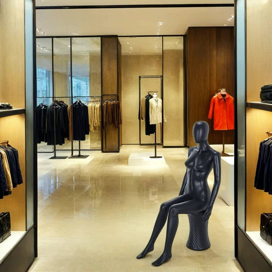 Matt Black Egghead Seated Female Mannequin with Stool