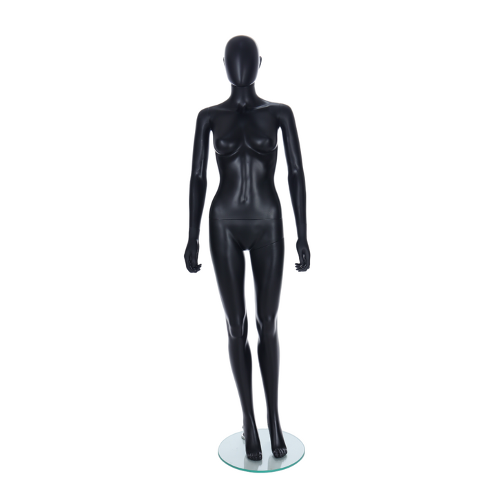 Front view of a matt black female egghead mannequin with ear features on a round glass base, for shop floor and window displays in womenswear retail.
