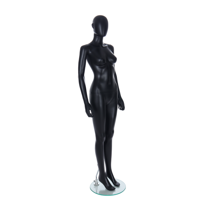 Three-quarter view of a matt black female egghead mannequin with ear features and a 350mm glass base, for fashion boutiques and womenswear retail displays.
