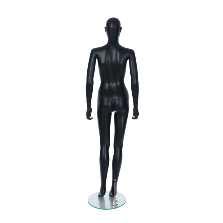 Rear view of a matt black female egghead mannequin on a 350mm glass base, showing the smooth recyclable finish for fashion boutiques and retail floor displays.
