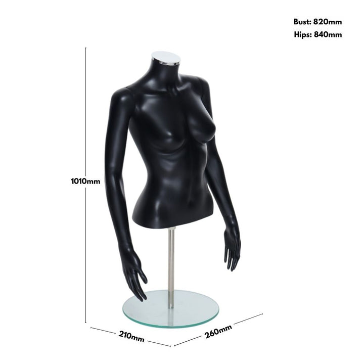 Matt black female mannequin torso with arms – dimensions: bust 820mm, hips 840mm, height 1010mm – ideal for fashion retail display.