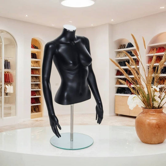 Matt Black Female Torso Half-Form Mannequin with Arms - Stand Included