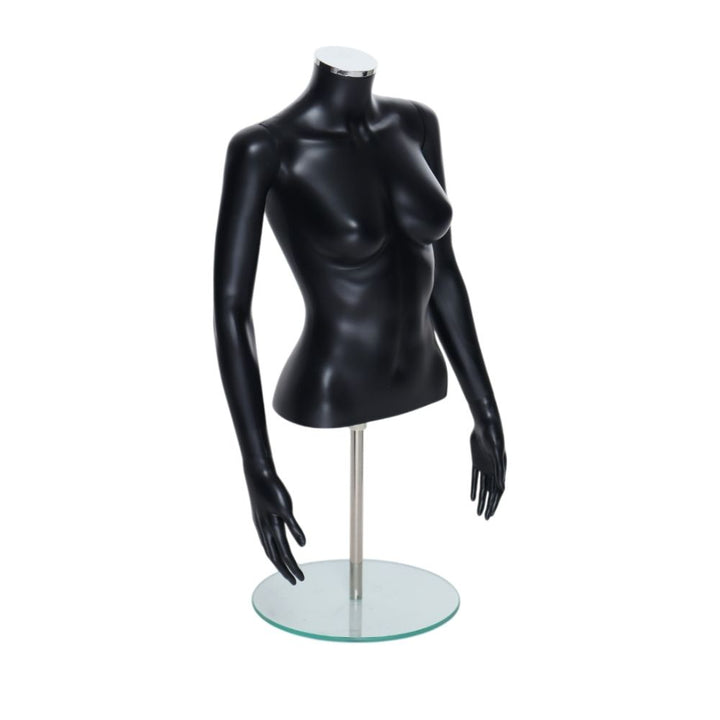 Matt black female torso mannequin with arms and round glass base – perfect for showcasing women’s clothing in online stores or retail displays.