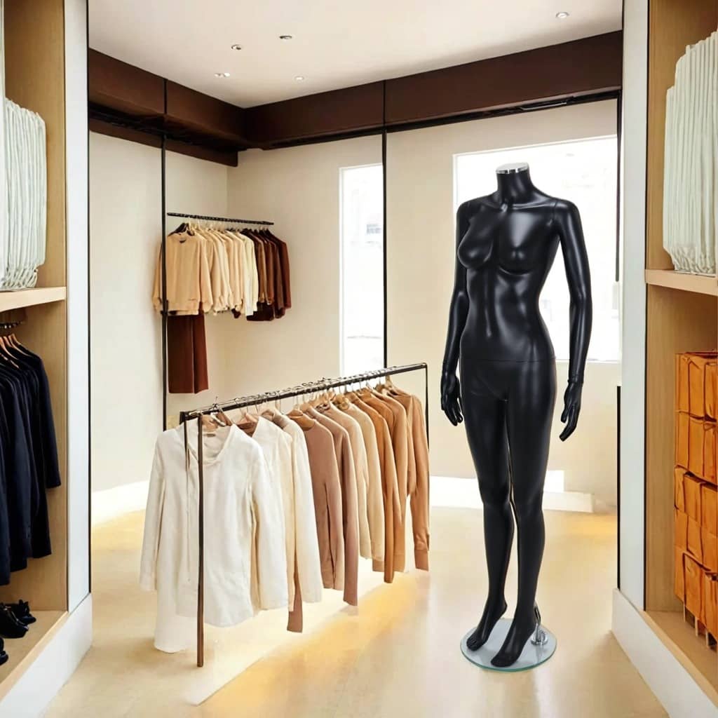  A stylish fashion boutique with a warm, minimalist design featuring neutral tones, sleek wooden shelving, and soft lighting. A glossy black female mannequin stands on a round glass base near the centre of the store. Clothing racks display an elegant selection of beige, white, and brown garments, creating a cohesive and sophisticated aesthetic. 