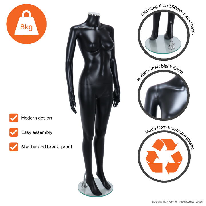 A full-body headless female mannequin in a sophisticated matt black finish, posed in a natural standing position, ideal for showcasing garments in retail and showroom settings.
