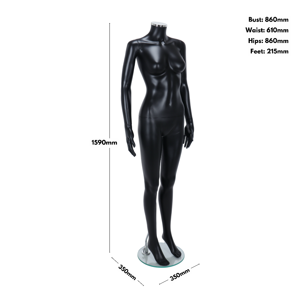 This headless female mannequin, finished in matt black, stands in a poised position, making it a perfect choice for visual merchandising in fashion stores and exhibitions.
