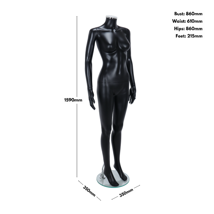 This headless female mannequin, finished in matt black, stands in a poised position, making it a perfect choice for visual merchandising in fashion stores and exhibitions.
