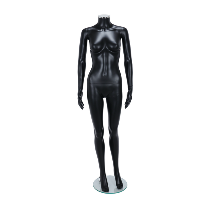 This contemporary matt black female mannequin features a headless design with a standing posture, offering a minimalist and elegant presentation for clothing displays.
