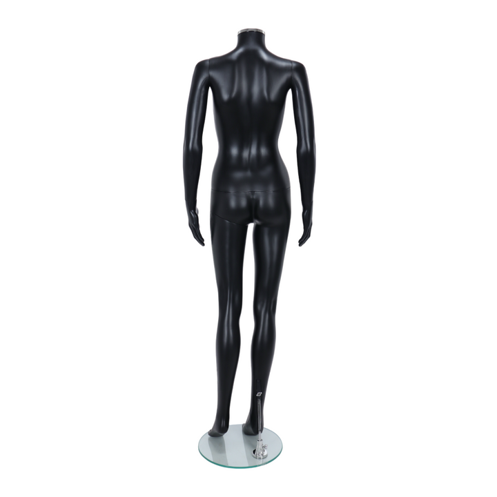 A durable and stylish matt black headless female mannequin, designed in a standing pose to enhance the display of clothing and accessories in a professional setting.
