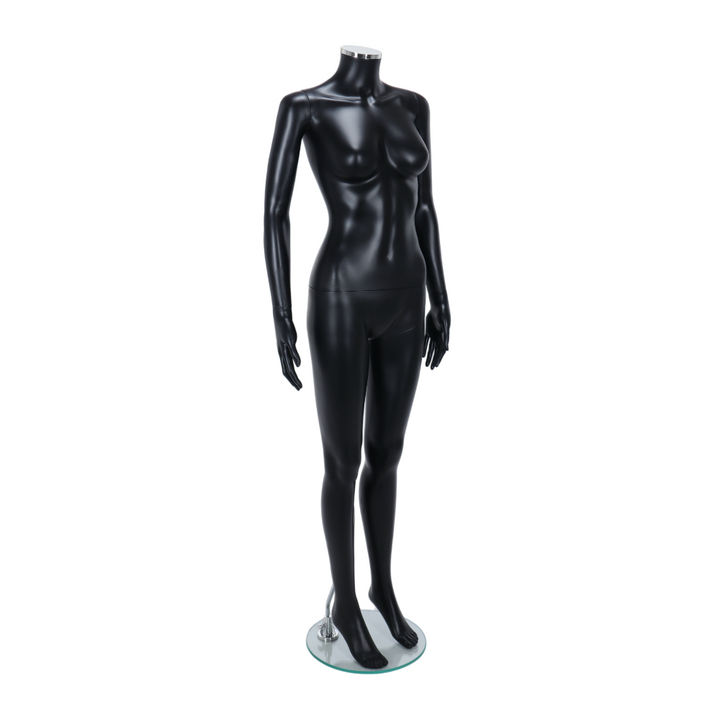 A sleek matt black headless female mannequin in a standing pose, designed for stylish and modern retail displays, exhibitions, and fashion photography.
