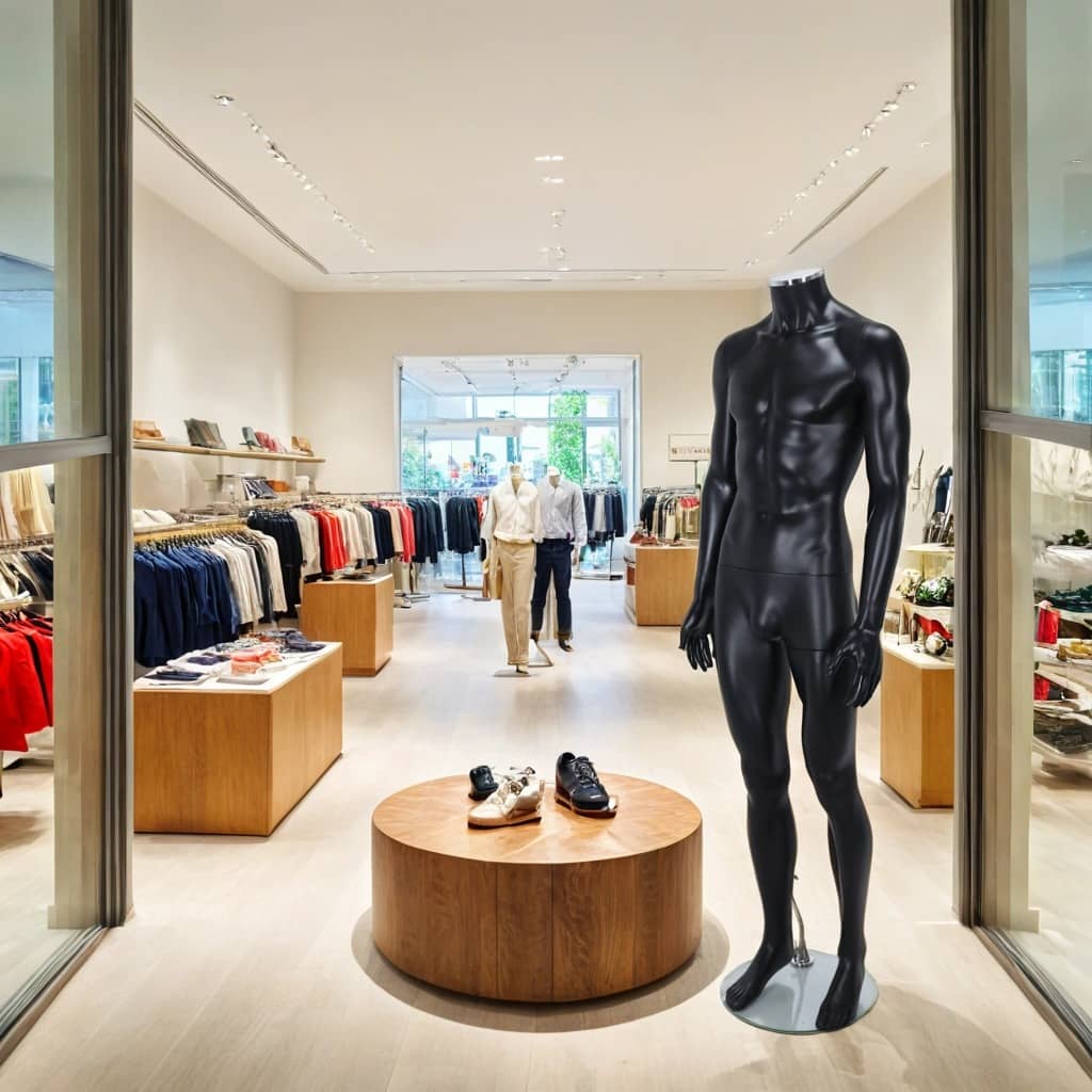 A bright and modern fashion boutique featuring a well-organised layout with wooden display tables and clothing racks showcasing a variety of stylish garments in neutral, navy, and red tones. A glossy black headless male mannequin stands on a round glass base near the entrance. In the centre, a circular wooden table displays elegant footwear.