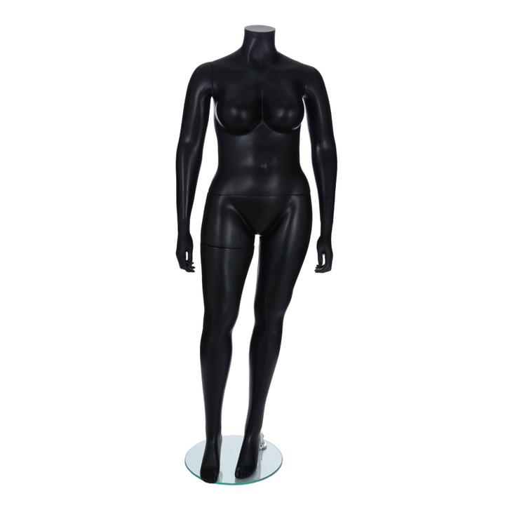 Front view of a matt black headless plus-size female mannequin on a round glass base, suited to sizes 16 to 18 for shop floor and window retail displays.
