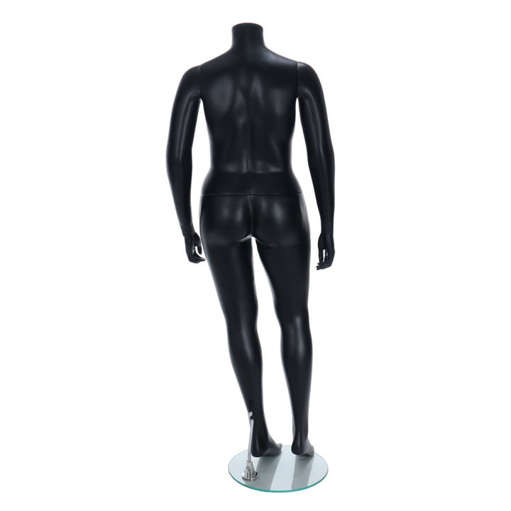 Rear view of a matt black headless plus-size female mannequin on a glass base, showing the smooth recyclable finish for shop floors and fashion showrooms.

