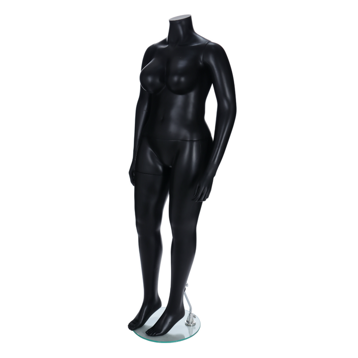 Angled view of a matt black headless plus-size female mannequin on a 380mm glass base with calf spigot, size 16 to 18 for inclusive fashion retail display.
