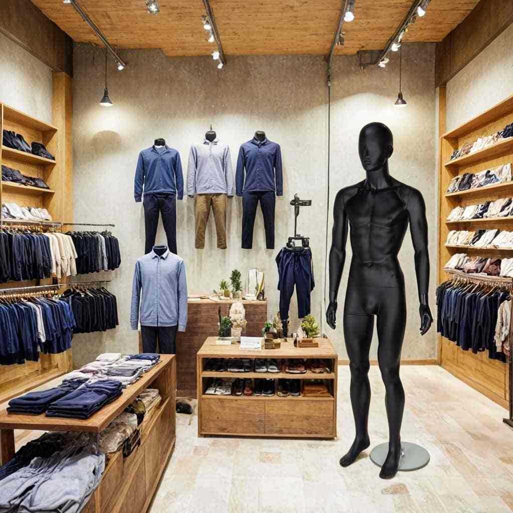  A stylish men's clothing store with a warm wooden interior, featuring neatly arranged shelves and racks displaying shirts, trousers, and accessories in shades of blue, beige, and white. Three mannequins on the back wall showcase coordinated outfits, while a sleek black full-body mannequin stands in the foreground on a round metal base. The store is well-lit with track lighting and hanging pendant lamps, creating an inviting shopping atmosphere.