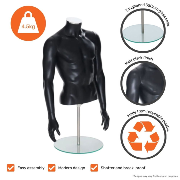 Black male mannequin torso with arms featuring 350mm toughened glass base, matt finish, recyclable plastic, and 4.5kg weight – durable and modern retail display form.