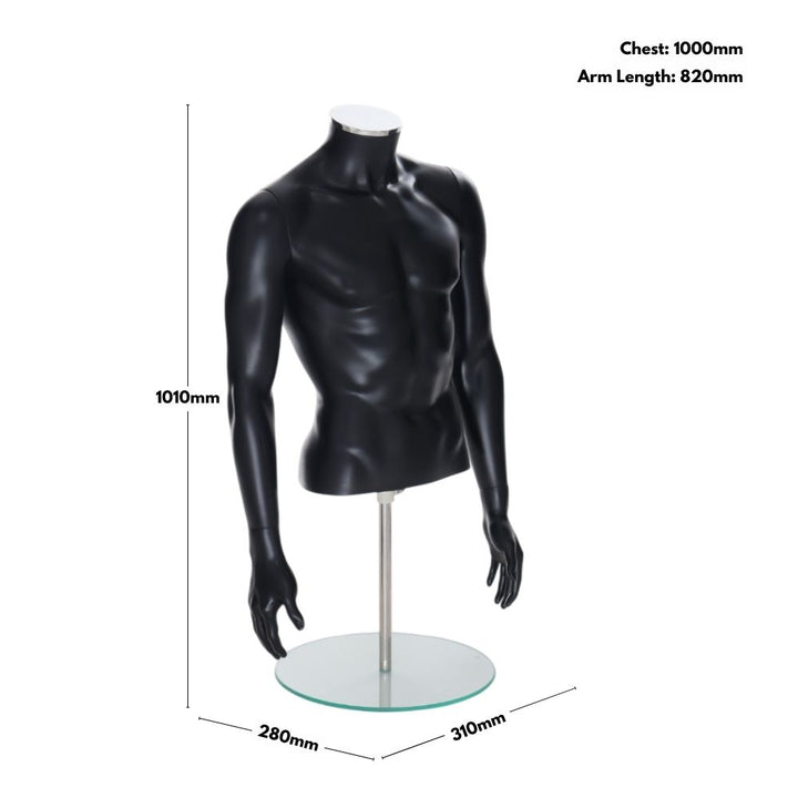 Matt black male torso mannequin with arms – 1010mm height, 1000mm chest, 820mm arm length – perfect for menswear product displays.