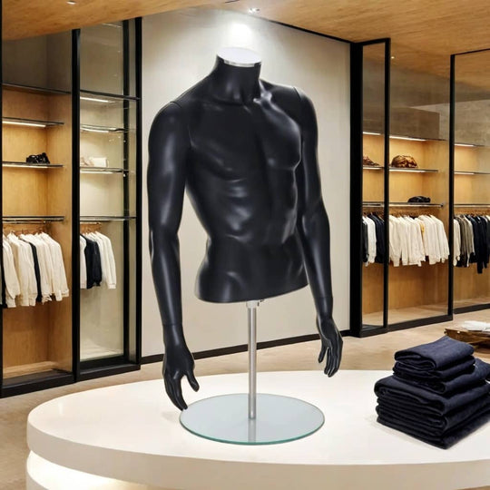 Matt Black Male Torso Half-Form Mannequin with Arms - Stand Included