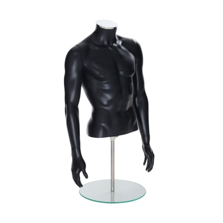 Matt black male mannequin torso with detachable arms on a glass base – ideal for professional product photography or in-store display.